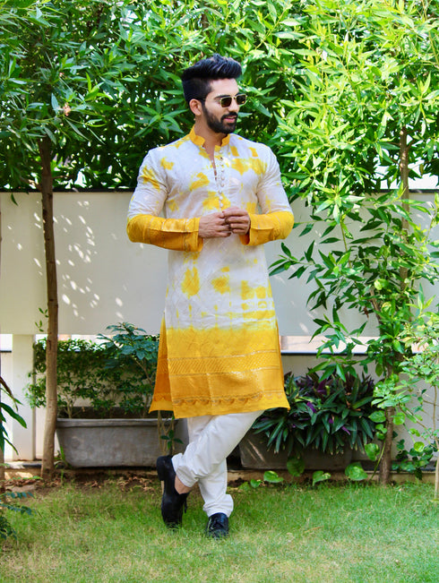 Kzari Yellow Batik Print Kurta with Self-Embroidery