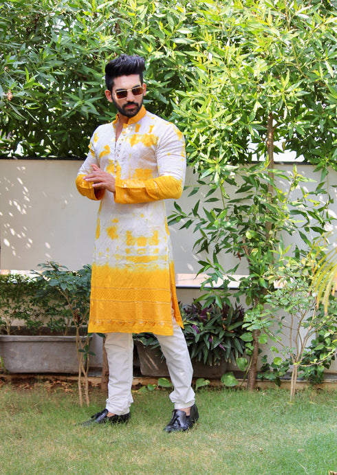 Kzari Yellow Batik Print Kurta with Self-Embroidery