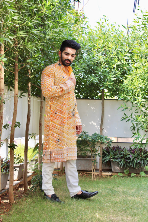 Kzari Yellow Kurta with Intricate Multi-Embroidery