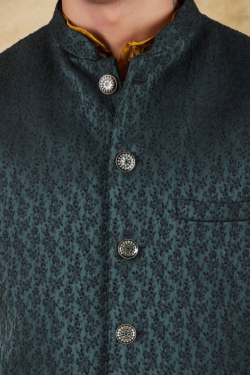 Veshbhoshaa Bluesaanchi Men'S Jacquard Dark Green Waistcoat