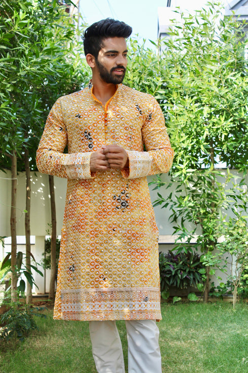 Kzari Yellow Kurta with Intricate Multi-Embroidery