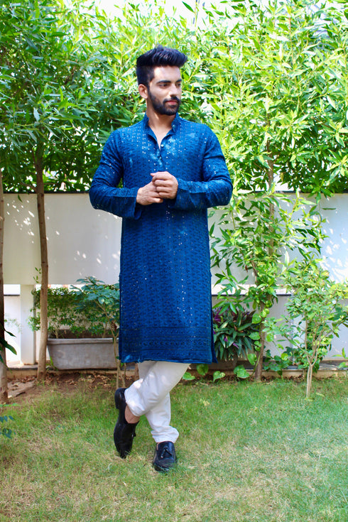 Kzari Blue Self-Embroidered Kurta
