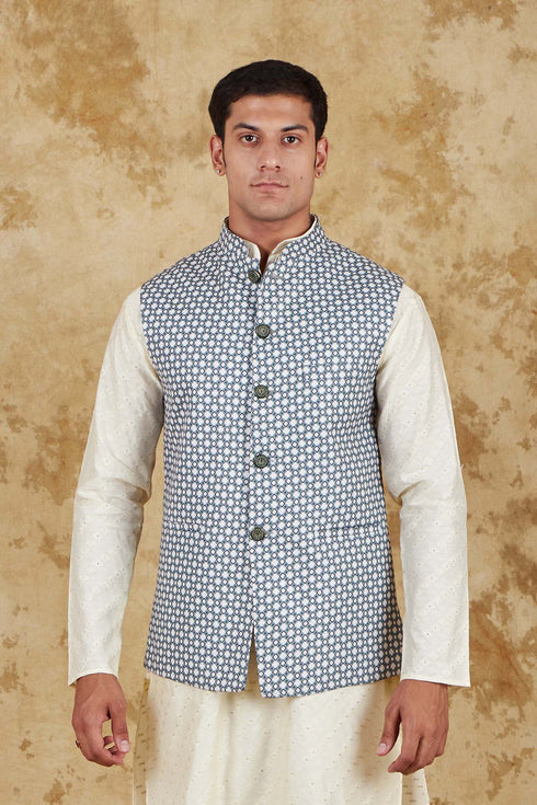 Veshbhoshaa Bluesaanchi Men'S Cotton Blend Dobby Printed Light Green Waistcoat