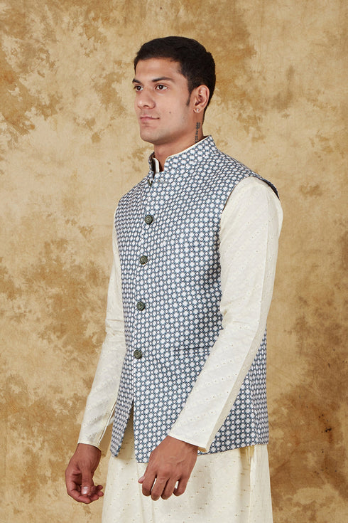 Veshbhoshaa Bluesaanchi Men'S Cotton Blend Dobby Printed Light Green Waistcoat