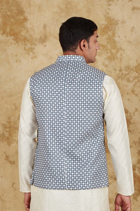Veshbhoshaa Bluesaanchi Men'S Cotton Blend Dobby Printed Light Green Waistcoat