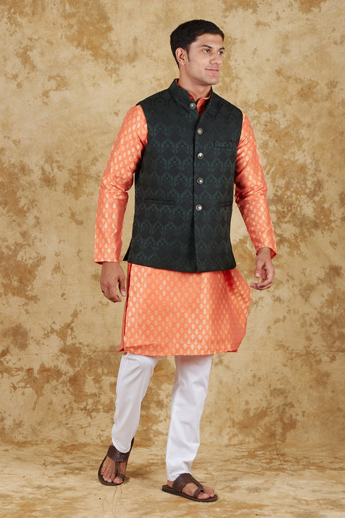 Veshbhoshaa Bluesaanchi Orange Jacquard Waistcoat Set