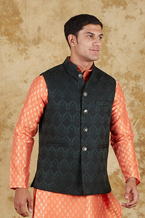 Veshbhoshaa Bluesaanchi Men'S Jacquard Dark Green Waistcoat