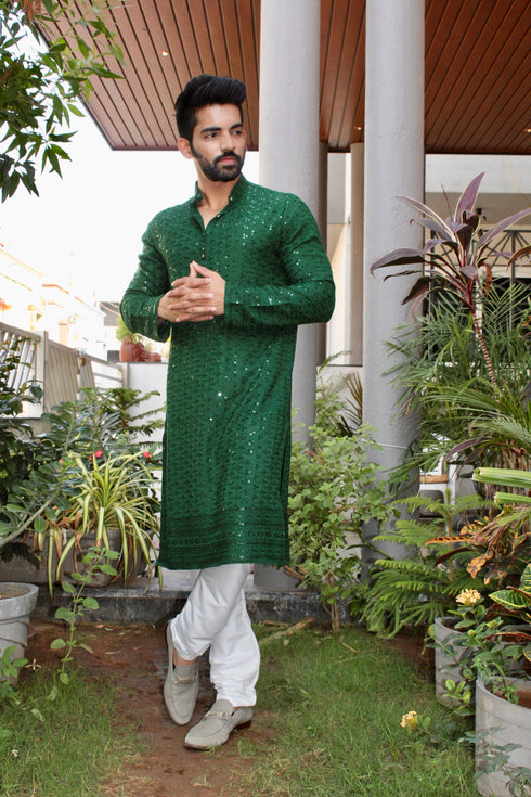 Kzari Green Self-Embroidered Kurta with Sequence