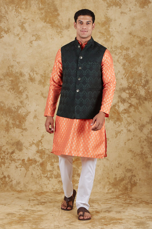 Veshbhoshaa Bluesaanchi Orange Jacquard Waistcoat Set