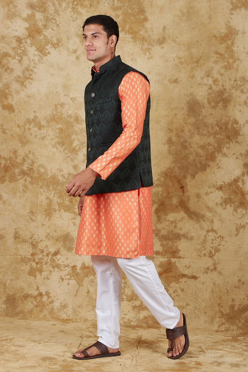 Veshbhoshaa Bluesaanchi Orange Jacquard Waistcoat Set
