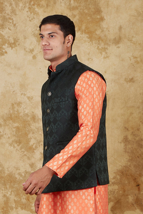 Veshbhoshaa Bluesaanchi Men'S Jacquard Dark Green Waistcoat