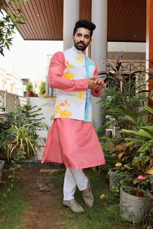 Kzari Cotton Silk Embroidered Kurta with Multiprint Basecoat