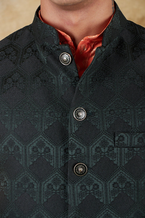 Veshbhoshaa Bluesaanchi Men'S Jacquard Dark Green Waistcoat