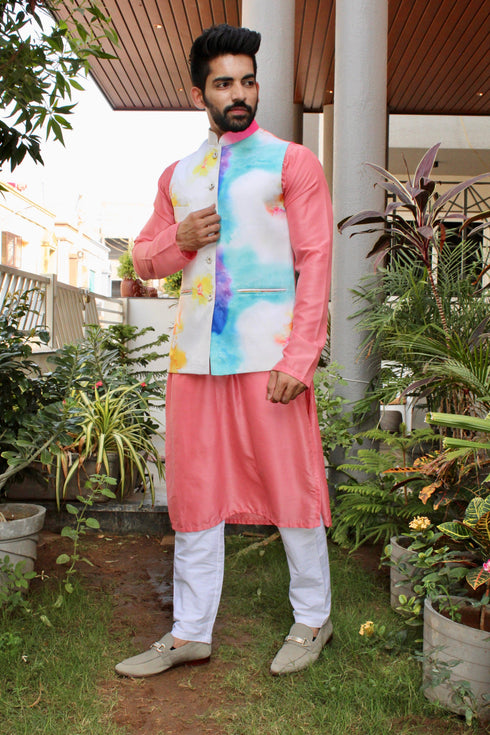 Kzari Cotton Silk Embroidered Kurta with Multiprint Basecoat