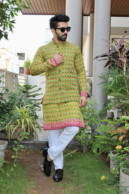 Kzari Green Printed Kurta with Vibrant Basecoat