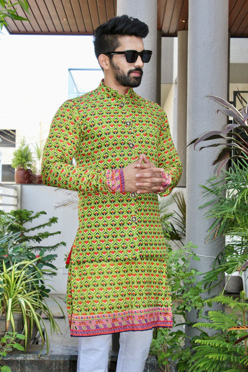 Kzari Green Printed Kurta with Vibrant Basecoat