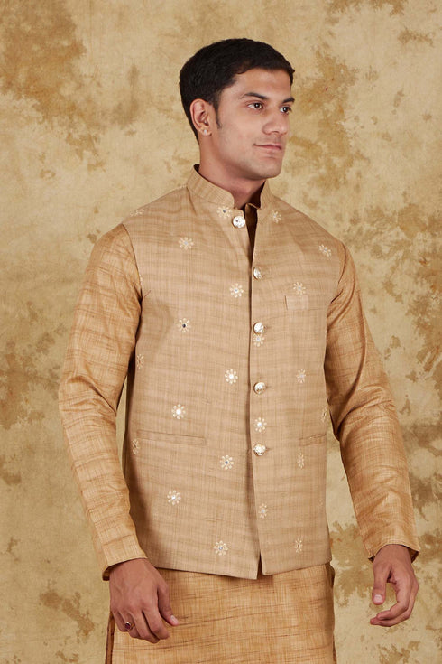 Veshbhoshaa Bluesaanchi Men'S Cotton Blend Khaki Mirror Embroidered Waistcoat