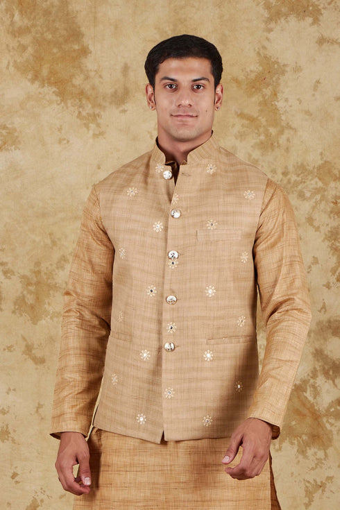 Veshbhoshaa Bluesaanchi Men'S Cotton Blend Khaki Mirror Embroidered Waistcoat
