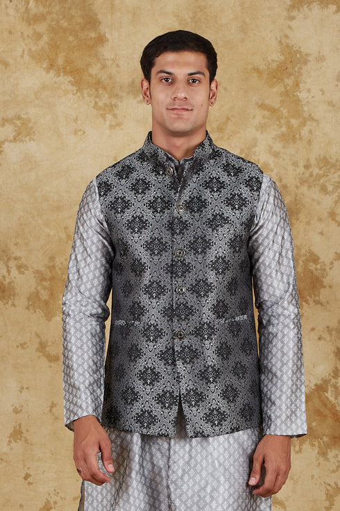 Veshbhoshaa Bluesaanchi Men'S Jacquard Grey Waistcoat