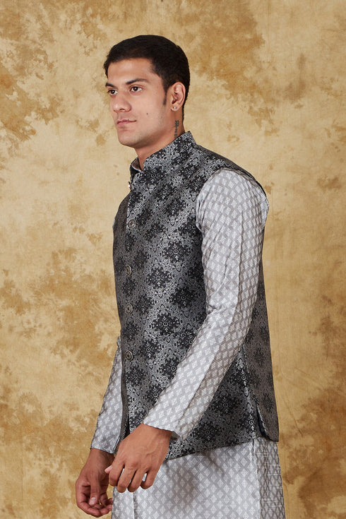 Veshbhoshaa Bluesaanchi Men'S Jacquard Grey Waistcoat