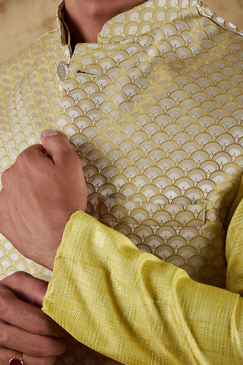 Veshbhoshaa Bluesaanchi Yellow Jacquard Waistcoat Set