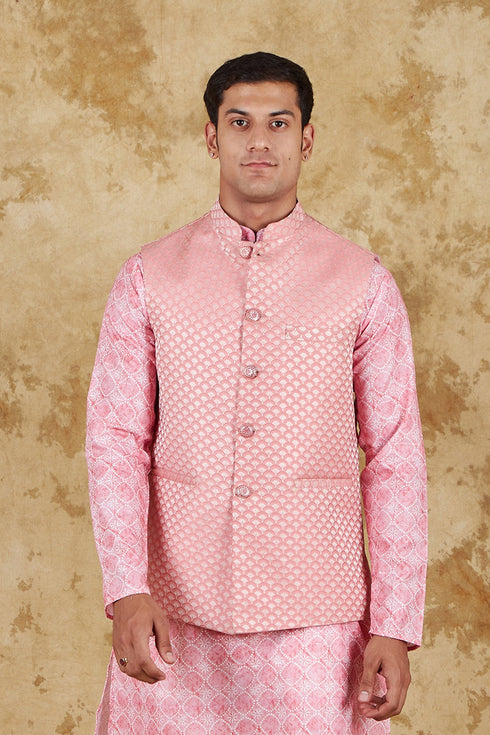 Veshbhoshaa Bluesaanchi Men'S Jacquard Pink Waistcoat