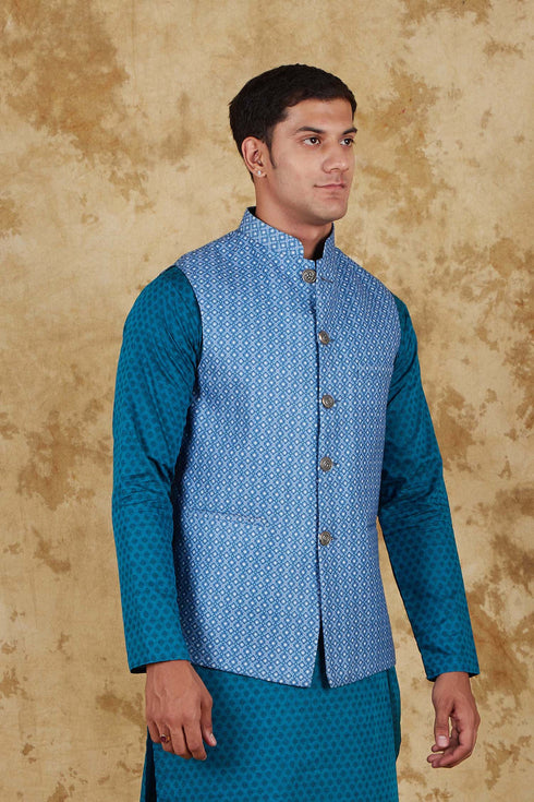 Veshbhoshaa Bluesaanchi Men'S Cotton Blend Blue Dobby Printed Waistcoat