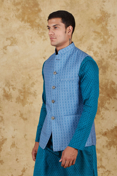 Veshbhoshaa Bluesaanchi Men'S Cotton Blend Blue Dobby Printed Waistcoat