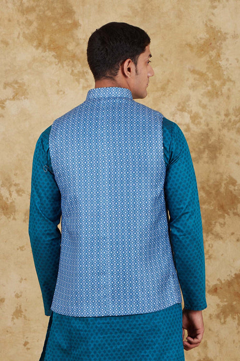 Veshbhoshaa Bluesaanchi Men'S Cotton Blend Blue Dobby Printed Waistcoat