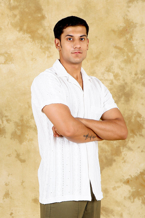 Veshbhoshaa Bluebird Crafted Comfort Knitted White Shirt For Men