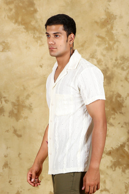 Veshbhoshaa Bluebird Crafted Comfort Knitted Cream Shirt For Men