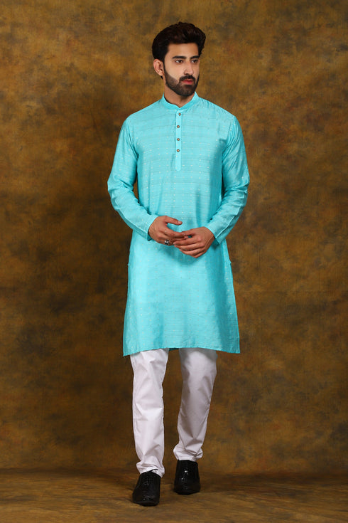 Veshbhoshaa Bluesaanchi Men'S Light Blue Zari Embroidery Kurta Set