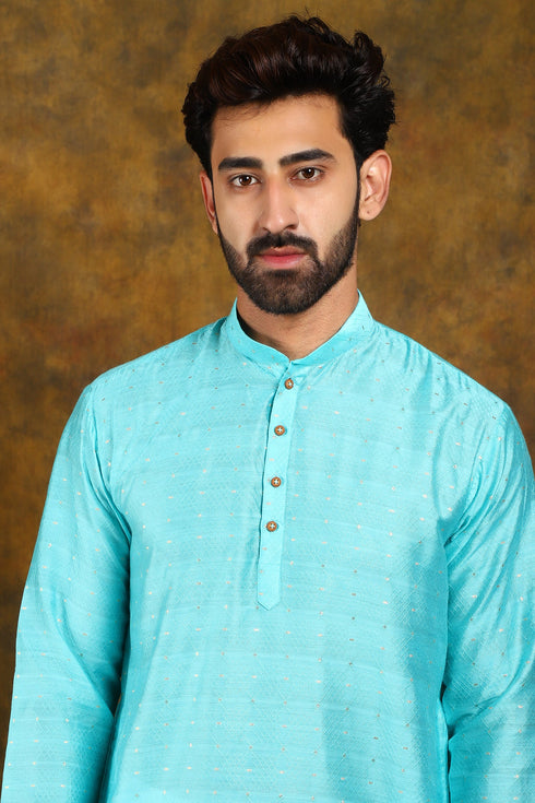 Veshbhoshaa Bluesaanchi Men'S Light Blue Zari Embroidery Kurta Set