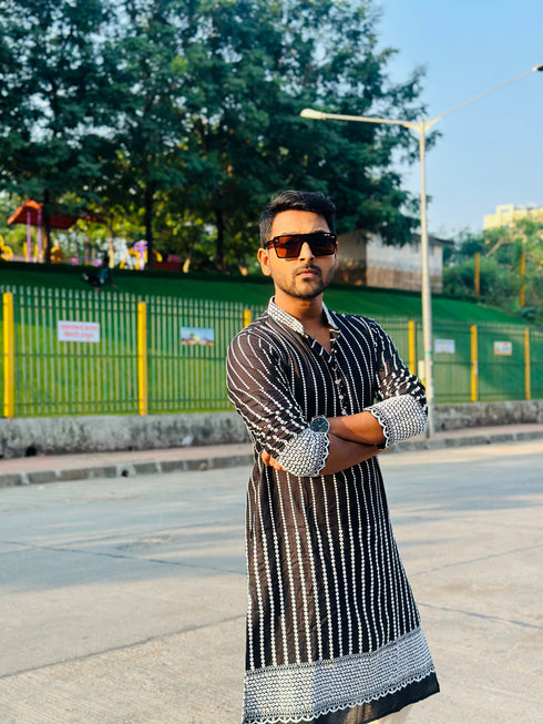 Kzari Black Kurta with White Linings and Exquisite Embroidery
