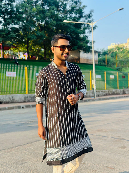 Kzari Black Kurta with White Linings and Exquisite Embroidery