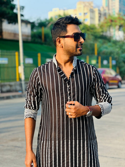 Kzari Black Kurta with White Linings and Exquisite Embroidery