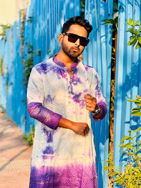 Kzari Regal Purple Tie & Dye Embroidered Kurta