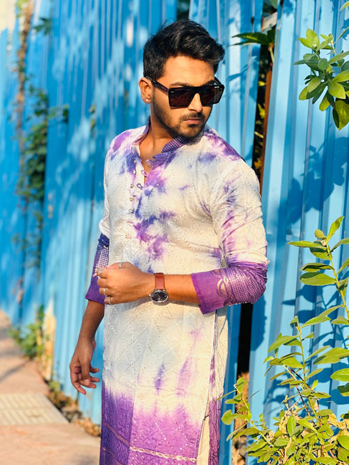 Kzari Regal Purple Tie & Dye Embroidered Kurta