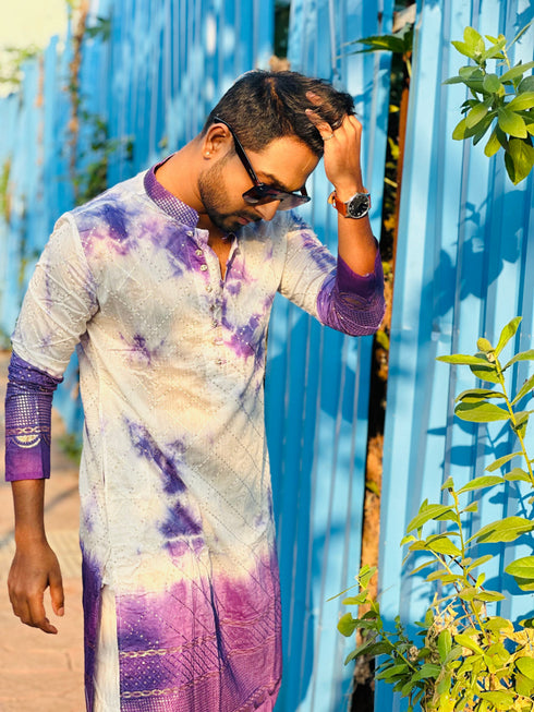 Kzari Regal Purple Tie & Dye Embroidered Kurta