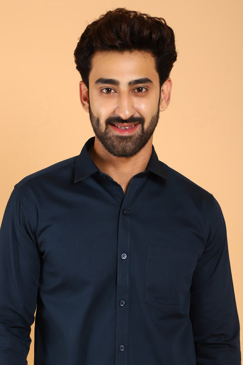 Veshbhoshaa Bluebird Men'S Dark Blue Premium Satin Shirt