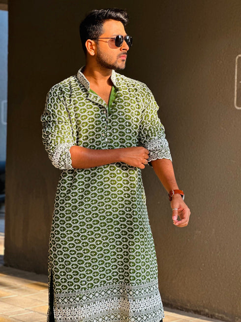 Kzari Hunter Green Georgette Kurta with White Embroidery