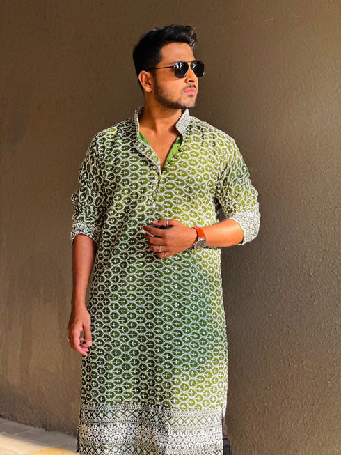 Kzari Hunter Green Georgette Kurta with White Embroidery