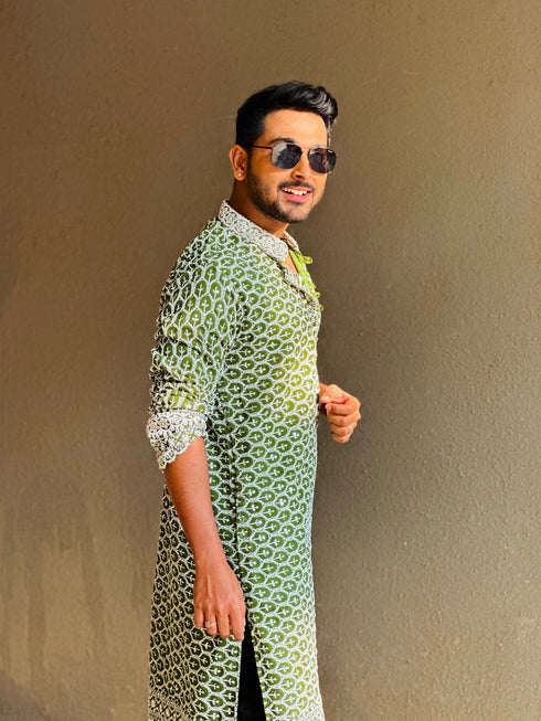 Kzari Hunter Green Georgette Kurta with White Embroidery