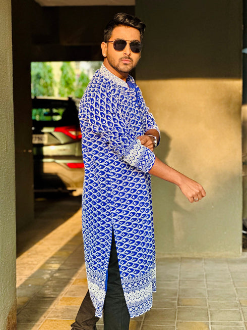 Kzari Teal Blue Georgette Kurta with White Embroidery