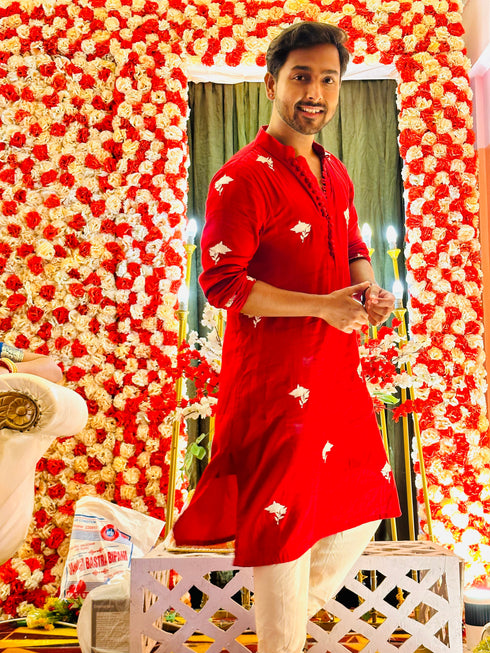 Kzari Red Cotton Satin Kurta with Delicate White Embroidery