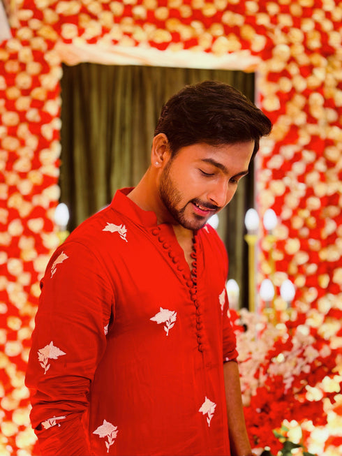 Kzari Red Cotton Satin Kurta with Delicate White Embroidery