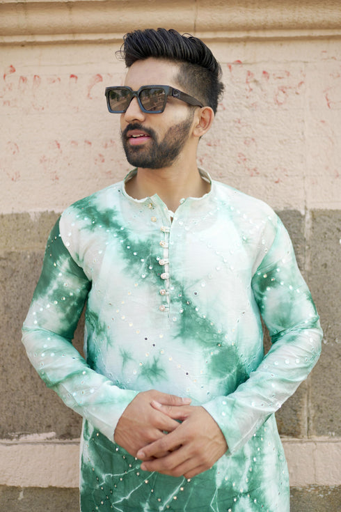 Kzari Haryali Chanderi Green Check Mirror Kurta