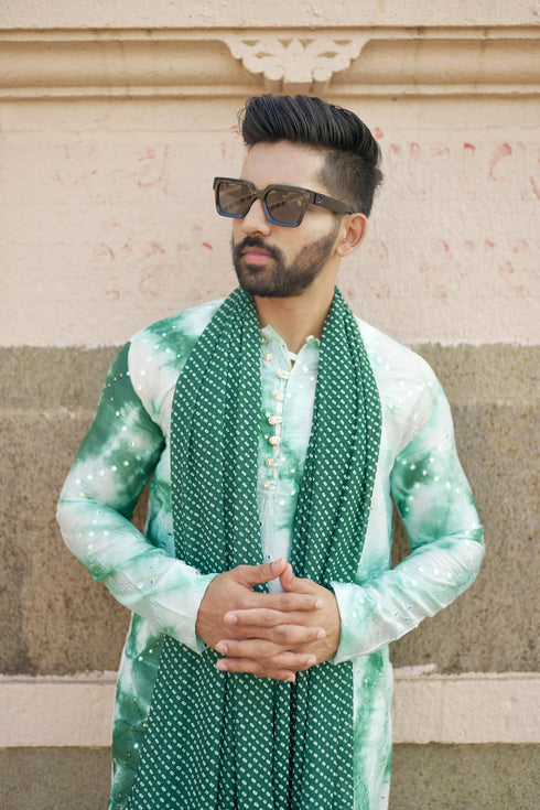 Kzari Haryali Chanderi Green Check Mirror Kurta