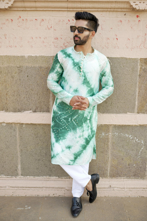 Kzari Haryali Chanderi Green Check Mirror Kurta
