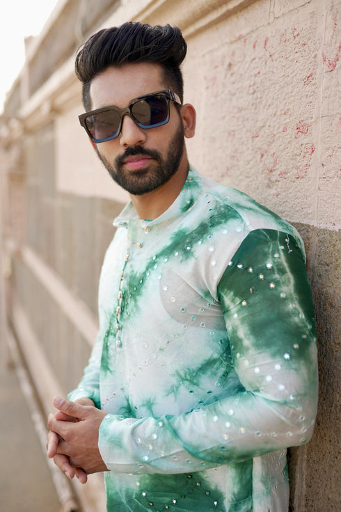 Kzari Haryali Chanderi Green Check Mirror Kurta